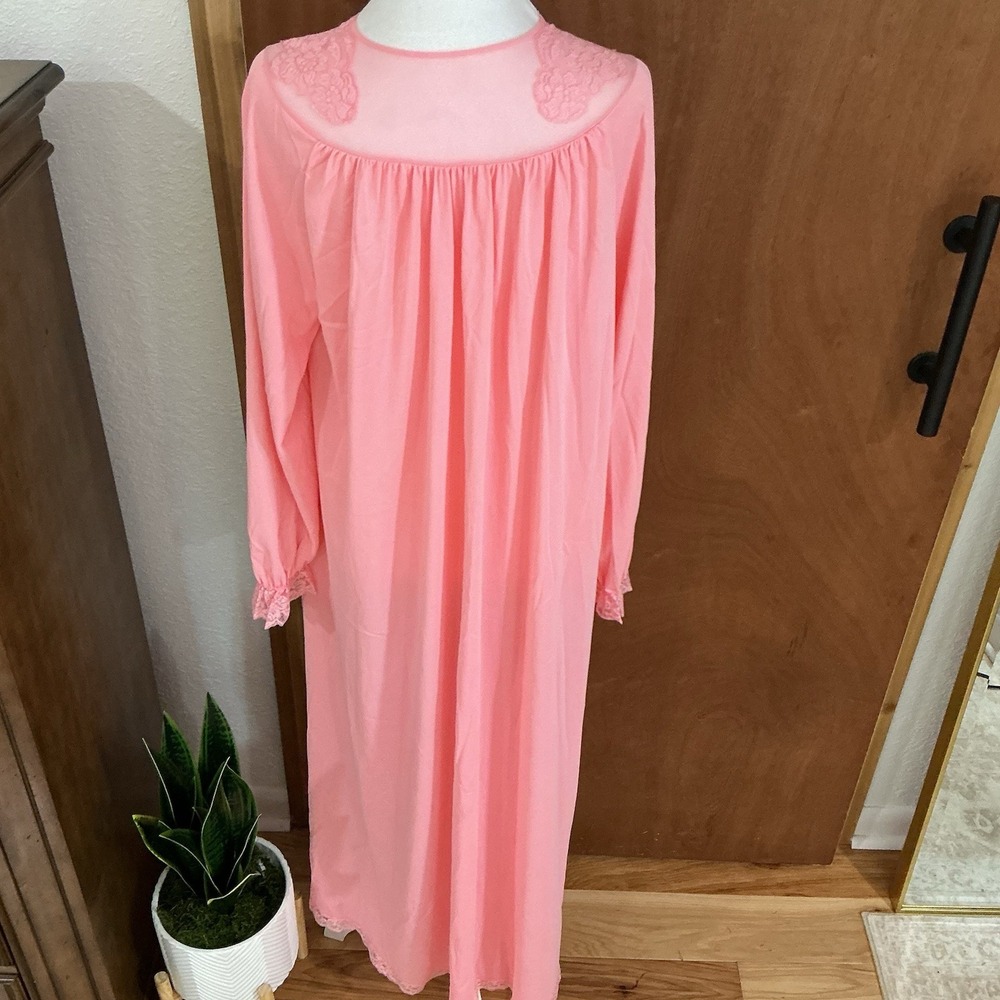Vintage Shadowline Button-Front Full Length Robe Pink Lace Bodice & Trim Medium - Picture 6 of 16